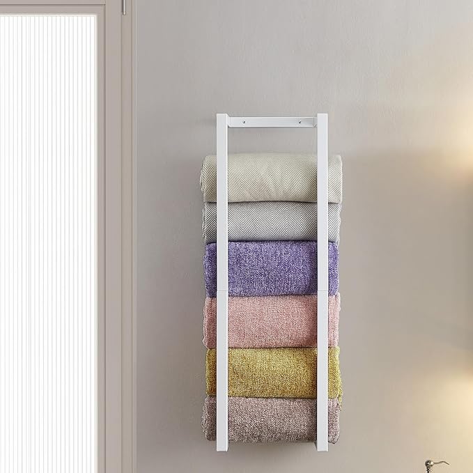 Towel Rack for Rolled Towels, Towel Rack for Bathroom,Wall Mounted Metal Bathroom Organizer, Bath Towel Holder Wall for Modern Small Space Bathroom Towel Storage (White)