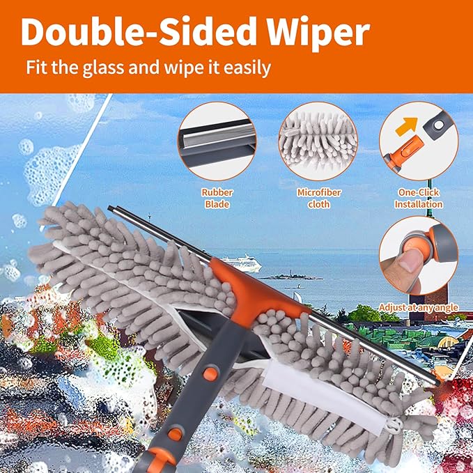 Squeegee Window Cleaner Set 2-in-1 Multi-Surface Cleaning Tool with Extendable Pole, Detachable Microfiber Cloths Bendable Head for Indoor & Outdoor Glass for Car Indoor Outdoor High Windows