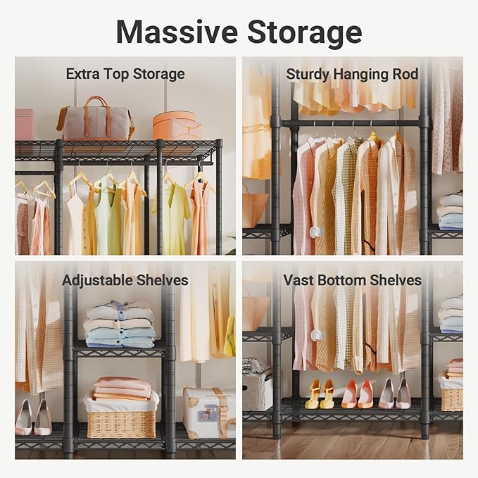 VIPEK V50 Extra Large Closet Rack Heavy Duty Garment Rack Freestanding Wardrobe with Shelves, Portable Metal Clothing Rack for Hanging Clothes, Adjustable Open Closet System, 1300 lb Capacity, Black