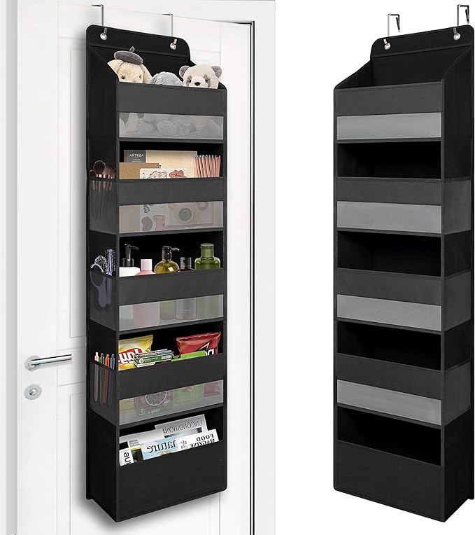 TYMENSH Over Door Organizer with 5 Large Pockets, Heavy Duty Hanging Organizer Storage, Closet Bathroom Nursery Bedroom Dorm, Toys Cosmetics Sundries and Baby Essentials, Black