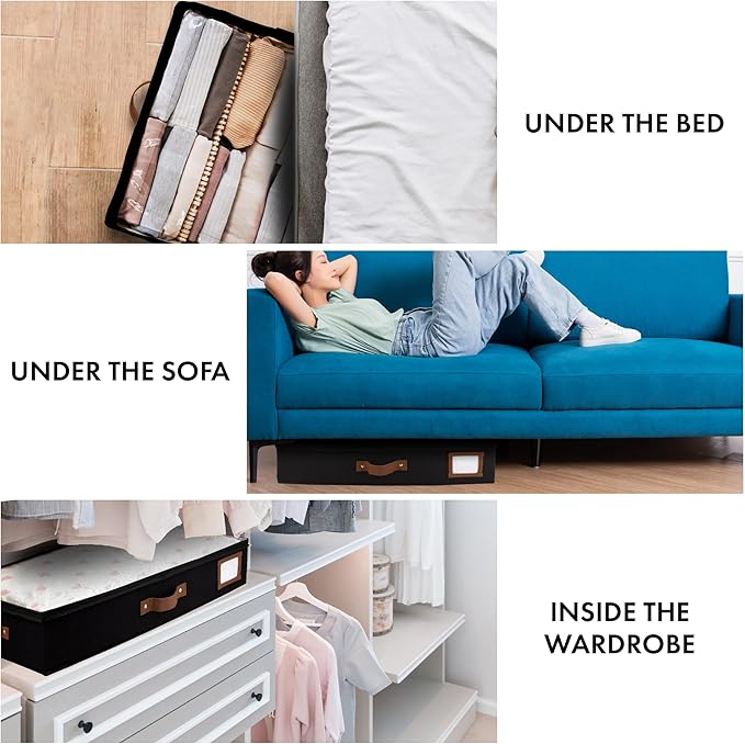 HOMELUX THEORY 2pc Under Bed Storage Containers, Bedroom Under the Bed Drawer Storage Organizer with Bins and Lids, Medium Underbed Clothes Storage Box Ideal for Blanket, Fabric, & Shoes (Black)