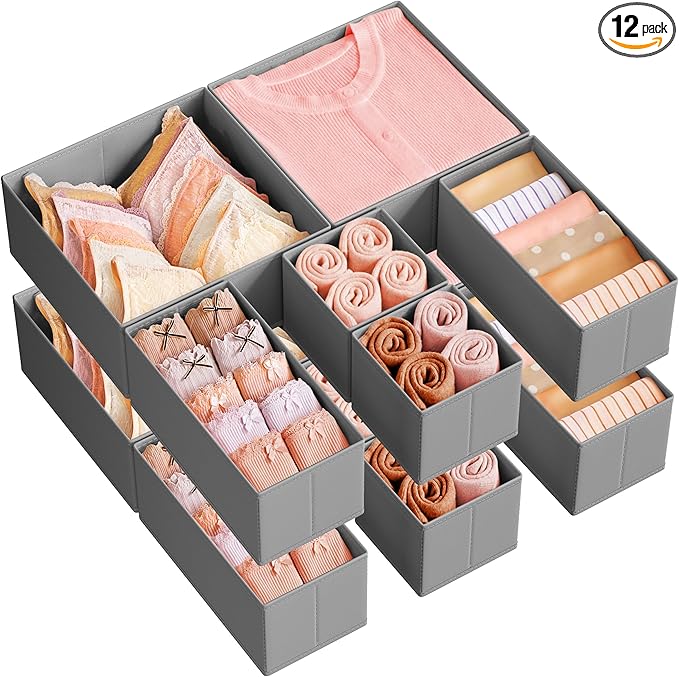 SONGMICS Drawer Organizers, Dresser Divider Organizers, Set of 12, Foldable Fabric Storage Boxes for Socks, Underwear, Bras, Ties, Scarves, Dove Gray URDZ006G02