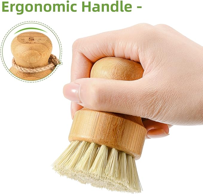 Bamboo Dish Scrub Brushes,Kitchen Wooden Cleaning Scrubbers Set for Washing Cast Iron Pan/Pot, Natural Sisal Bristles, Set of 3