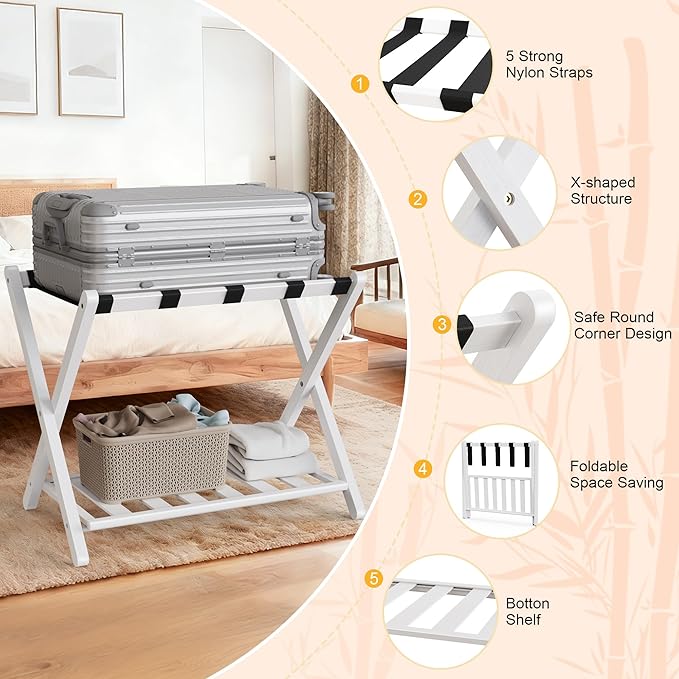 26.77"L Luggage Rack, White Luggage Rack for Guest Room, Bamboo Folding Suitcase Stand with Storage Shelf, 5 Nylon Straps, Heavy Duty Luggage Holder for Bedroom Hotel, 1 Pack, Gift Box Packaging
