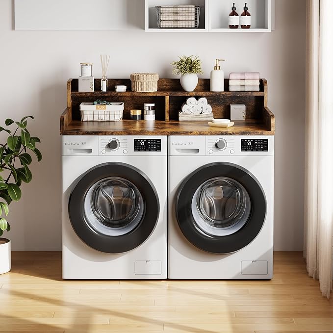 Garvee 54" Washer Dryer Countertop with 2-Tier Shelf, Wooden Laundry Countertop with Non-Slip Pad and Guard Rails, Washer and Dryer Topper for Laundry Room Organization