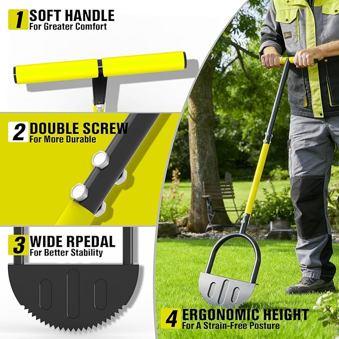 Houselife Half Moon Edger for Landscaping, 42" Manual Grass Edger Tool with V-Shape Serrated Blade, Long Handle Garden Edger for Sidewalk, Driveway & Flower Bed, 9" Wide Footplate