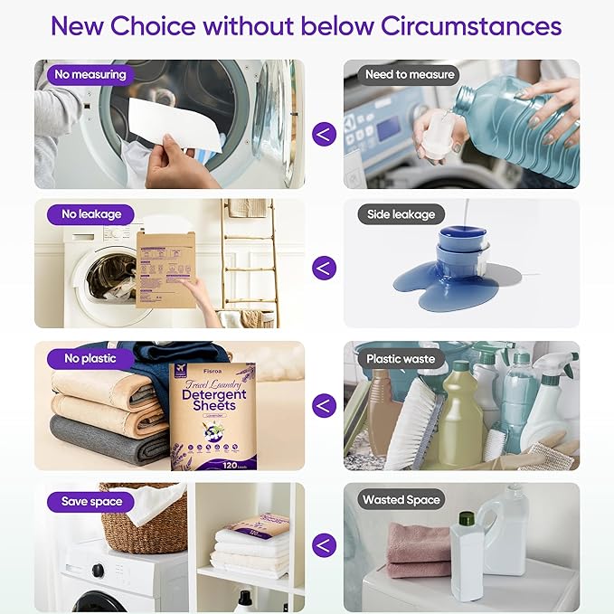 Travel Laundry Detergent Sheets Eco-friendly 120 Loads Fisroa Clothes Washing Detergent Sheets Plastic-Free Washer Strips, Lavender Liquidless Laundry Strips