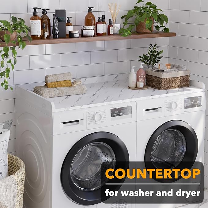 SpaceAid Washer Dryer Countertop, Laundry Wood Shelf Topper with Edge, 54" Width x 27.5" Depth Cover Guard Organizer for Washer and Dryer Laundry Hamper Counter Storage Organization (White Marble)