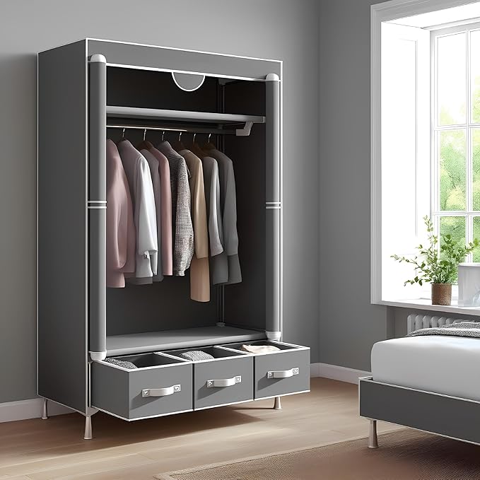 Portable Wardrobe Closet with Shelves & Drawers - Light Grey Oxford Fabric Clothes Organizer for Bedroom, Dorm Room - Waterproof, Easy Assembly No Tools Needed(35.4" x 17.7" x 67")