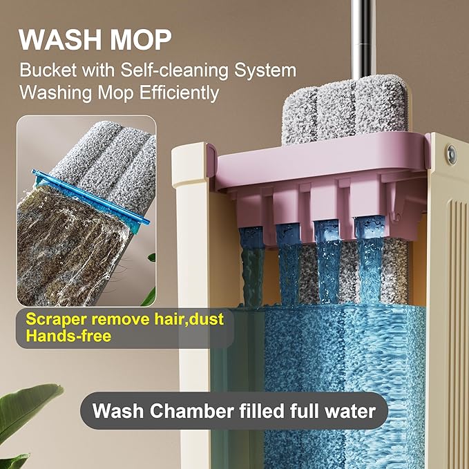 JOYMOOP Mop and Bucket Set (Beige & Blush Brown) with Extension Handle, Ideal for Floor, Window, and Wall Cleaning - Includes 3 Washable Microfiber Pads for Wet and Dry Use