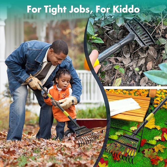 Rake, 60 Inch Long, 11 Tines Small Metal Garden Rake for Leaves, Heavy Duty 9 Inch Wide Rakes for Lawns, Yard Leaf Rakes for Gardening , Flower Beds, Shrub, Kid