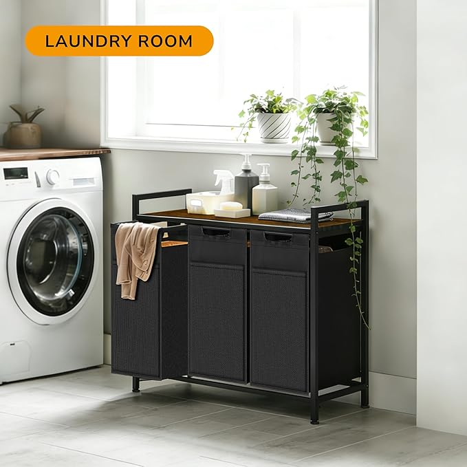 Laundry Hamper with Shelf, Laundry Basket with 3 Pull-Out Removable Bags, 3x 10.6 Gallons(120L), Metal Frame, Lockable Wheels, for Laundry Room and Bedroom