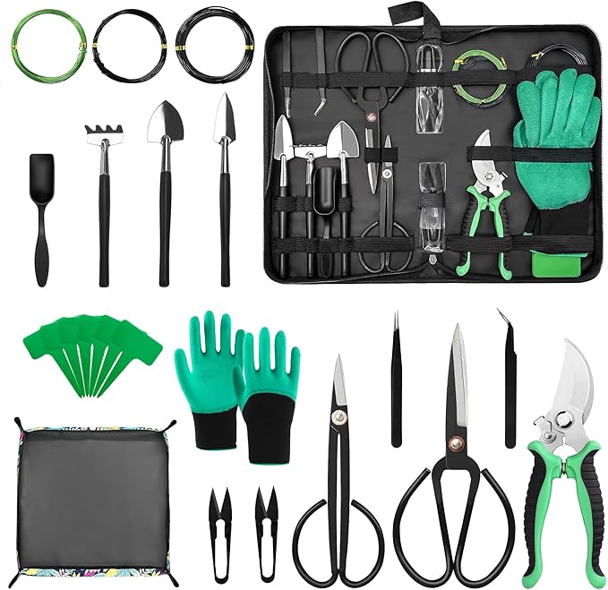 Bonsai Tool Kit - Bonsai Tools Set with PU Leather Bag for Beginners | Gardening Gifts for Women & Parents (22 Pcs with Repotting Mat)