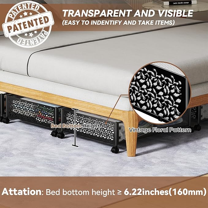 PHINOX Under Bed Storage Containers with Wheels, Under Bed Shoe Storage Organizer Drawer, Tool-free Assembly Metal Storage Containers for Bedroom Clothes Shoes Blankets -2PCK