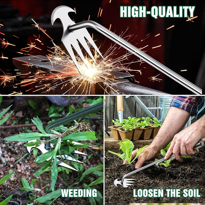 Hand Weeder Tool, Stainless Steel Handle Manual Weeder Tool, Pull Up Weeder Tool, Weed Discharge Tool, 4-Tooth Weeder Tool, Weeder Tool for Gardening 16inch