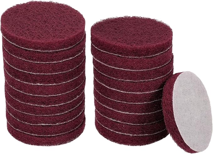 HARFINGTON 20pcs Scrubber Scouring Pads 500 Grits 3 Inch Drill Power Brush Hoop and Loop Surface Conditioning Disc Drill Scuffing Disc Scrub Pads for Home Kitchen Cleaning, Dark Red
