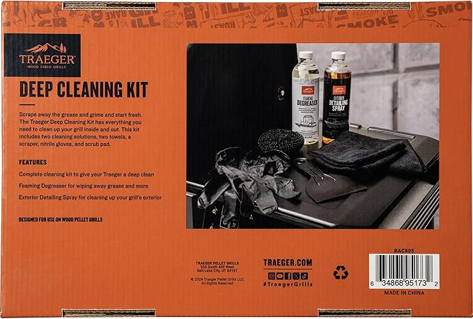 Traeger Grills Deep Cleaning Kit - Exterior Detailing Spray (16oz), Foaming Degreaser (16oz), Grill Scraper & Pad, Microfiber Towels, Nitrile Gloves - Tools for cleaning Grill, Smoker, Oven, Griddle