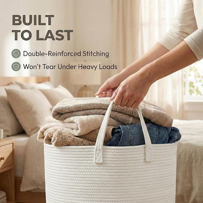 JMvicyroam 65L Extra Large Blanket Basket for Living Room - Woven Cotton Rope Laundry Hamper with Reinforced Handles - Storage Bin for Pillows, Comforters & Toys - Machine Washable,White