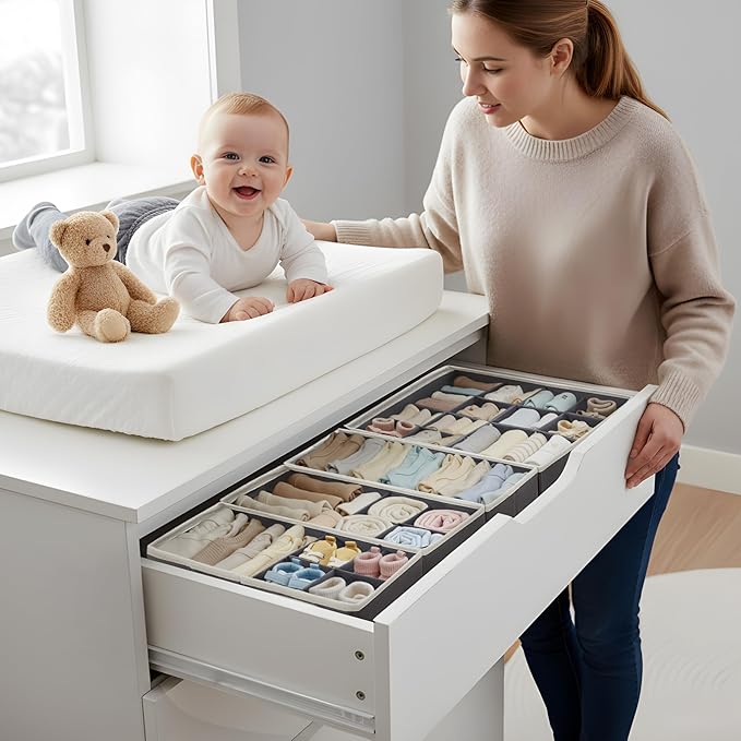 DECOMOMO Drawer Organizer for Baby – Clothes Organizer & Storage Dividers for Nursery, Storage Bins for Underwear, Bra, Socks, Diapers & Newborn Essentials (Grey, 12pcs)