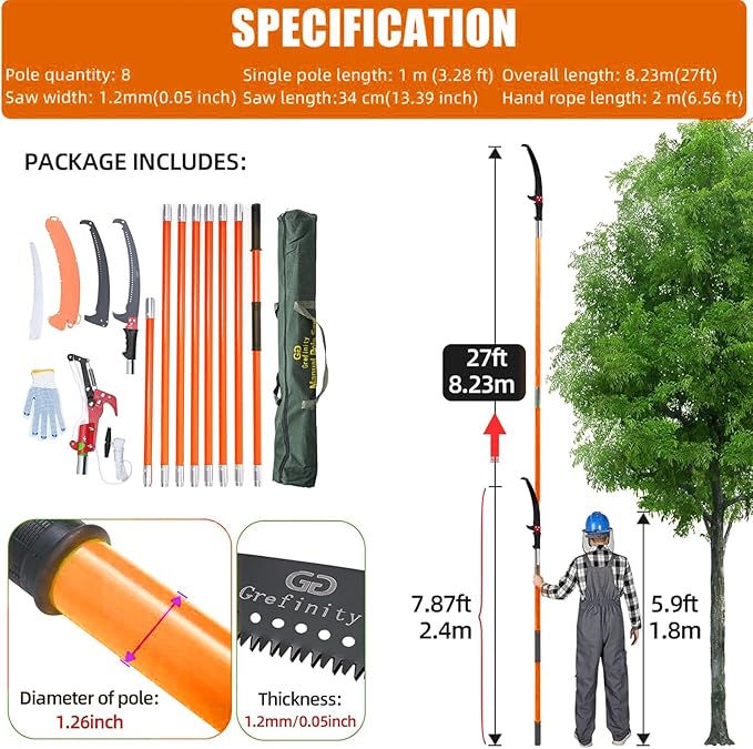 Manual Pole Saw for Tree Trimming, 27 FT Manual tree purner with 8 Fiberglass Handles, Sharp steel Blade and Scissors, Easy to Carry and Extendable Design for Tree Maintenance, Orange