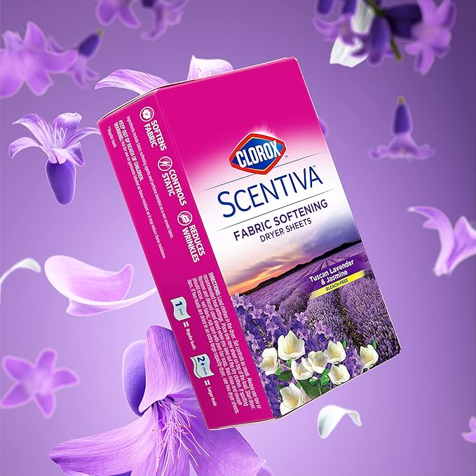Clorox Scentiva Fabric Softening Dryer Sheets | Fabric Sheets in Tuscan Lavender & Jasmine | 40 Count Dryer Sheets That Reduce Wrinkles and Reduce Static Cling (Pack of 2)