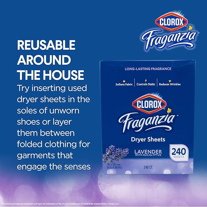 Clorox Fraganzia Fabric Softener Dryer Sheets, Wrinkle Reducing and Anti Static Laundry Dryer Sheets for Great Smelling Clothes, Softens Fabrics, Lavender with Eucalyptus Scent, 240 Count