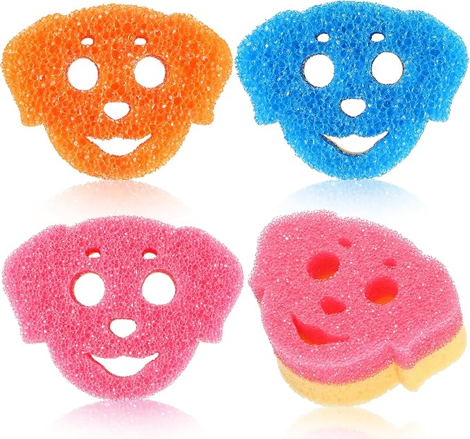 3 Pcs Dual Sided Scrub Sponge Multi Functional Cute Temperature Sensitive Non Scratch Dish Sponge for Washing Dishes Kitchen Bathroom(Dog,Pink, Orange, Blue)