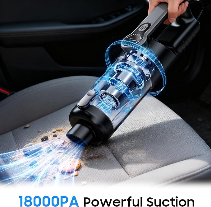 Cordless Handheld Car Vacuum Cleaner for Car Interior, Strong Suction Portable Vacuum for Pet Hair & Quick Home Cleaning, Rechargeable with LED Light & Attachments