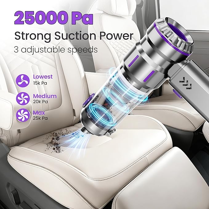 Portable Cordless Handheld Car Vacuum Cleaner - Equipped with Advanced Brushless Motor, 3 Suction Modes, 25,000 Pa Max Suction Power, Type-C Charging,for Car, Sofa & Keyboard