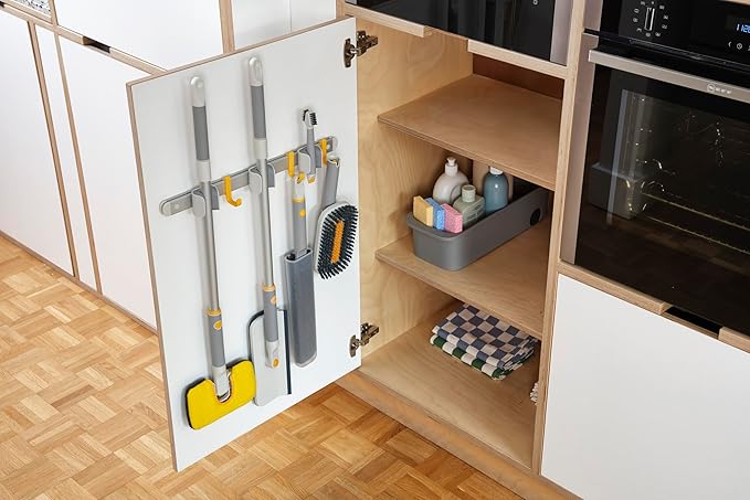 Joseph Joseph CleanTech Cleaning Utility Tool Storage Rail, Organizer Rack with 3 Adjustable Grips and 3 Hooks, Screws Included