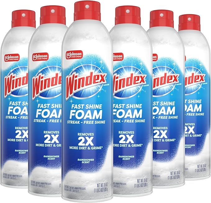 Windex Fast Shine Foam Glass Cleaner, No-Drip Windows, Doors, Mirrors & Countertops Aerosol Cleaning Spray, Streak-Free Shine, Removes Fingerprints, Dust, Dirt, Grime & More 19 oz (Pack of 6)