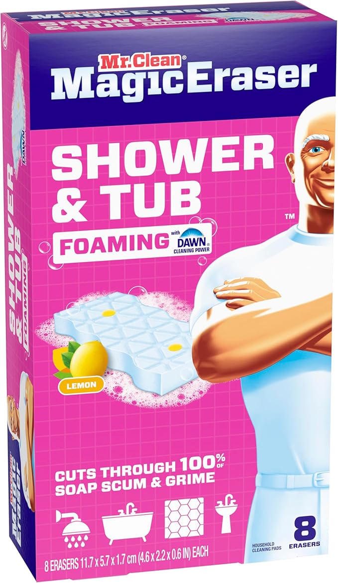 Mr. Clean Magic Eraser Sponge, Bathroom, Shower, Tub Cleaner, Soap Scum Remover, Bathroom Cleaning Supplies, Dawn Cleaning Power with Lemon Scent, Shower & Tub, 8ct