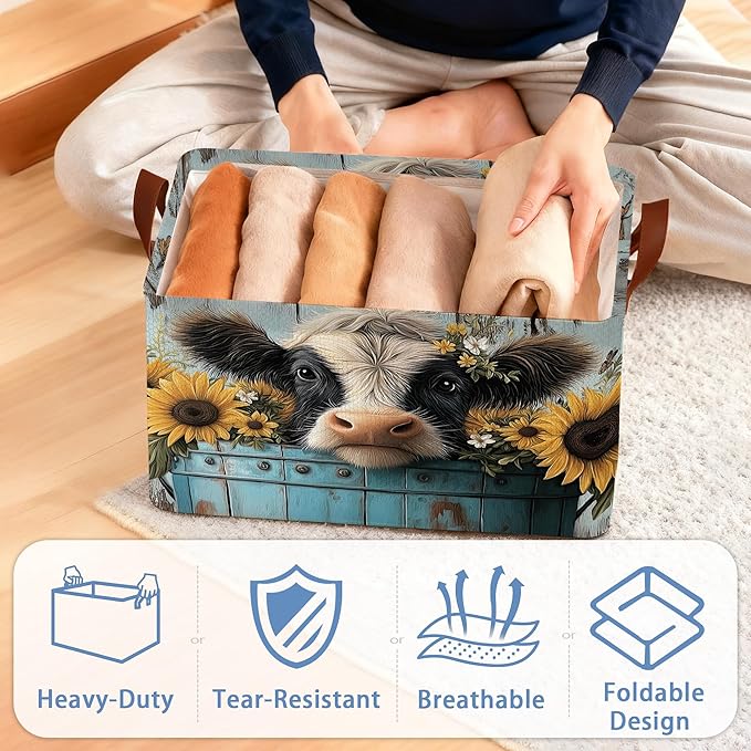 Wooden Highland Cow Storage Baskets,Butterfly Sunflower Foldable Large Capacity Organizer Bins with Waterproof Lining and Leather Handles for Closet,Shelf,Bedroom 17x11.5x10Inch