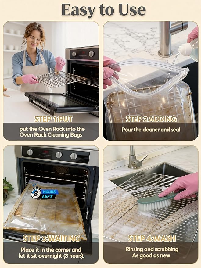 Oven Rack Cleaning Bags 5 Packs, Heavy Duty No Scrub Oven Grate Cleaning Bags, Reusable Leak-Resistant PE Bags for Deep Soaking Grill Grates & BBQ Racks, No Racks Included