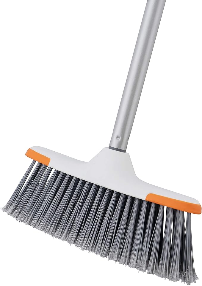 Superio Angle Broom and Clip-On Dustpan Set, Slim Hand Broom Telescopic Handle 53 Inches Tall, Clip On Dust Pan with Low Edge Rubber Lip