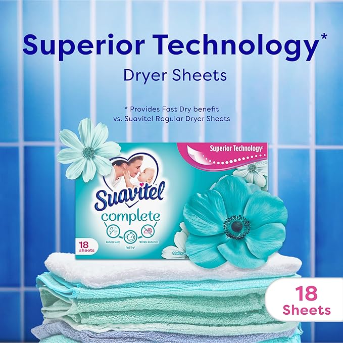 Suavitel Complete Fabric Conditioner Dryer Sheets, Waterfall Mist Scent, 18 Sheets
