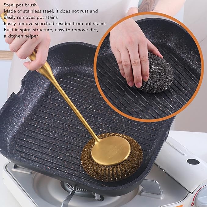 Stainless Steel Wool Scrubber with Long Handle, Handheld Scrubbing Cleaner Brush Scrubbing Scouring Pad Cleansing Supplies for Pots Pans Grills (Gold)