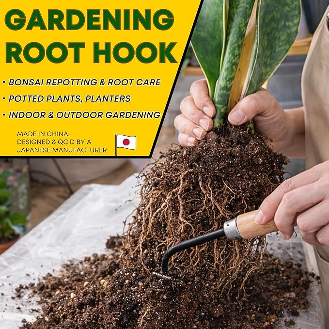 Garden Helper Single Claw Root Hook for Plants - Bonsai Repotting Tool - Heavy Duty Hardened Steel Blade with Ergonomic Wood Handle