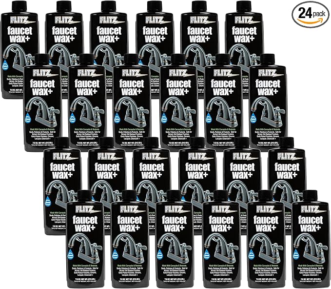 Flitz Faucet Wax Plus - 7.6oz Bottle of USA-Made, Water-Based Faucet Cleaner & Polisher for Water Stains, Fingerprints, & More - Metal Wax for Bronze, Nickel, Chrome, Brass - Granite Polish (24 Pack)