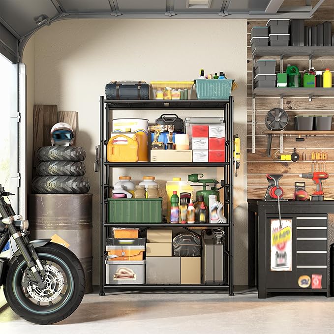 Storage Shelves 4-Tier Large Capacity Metal Shelving with Hooks, Heavy Duty Garage Shelving Unit with Leveling Feet, Stable Metal Shelves for Pantry, Kitchen and Closet,36" W x 12" D x 60" H, Black