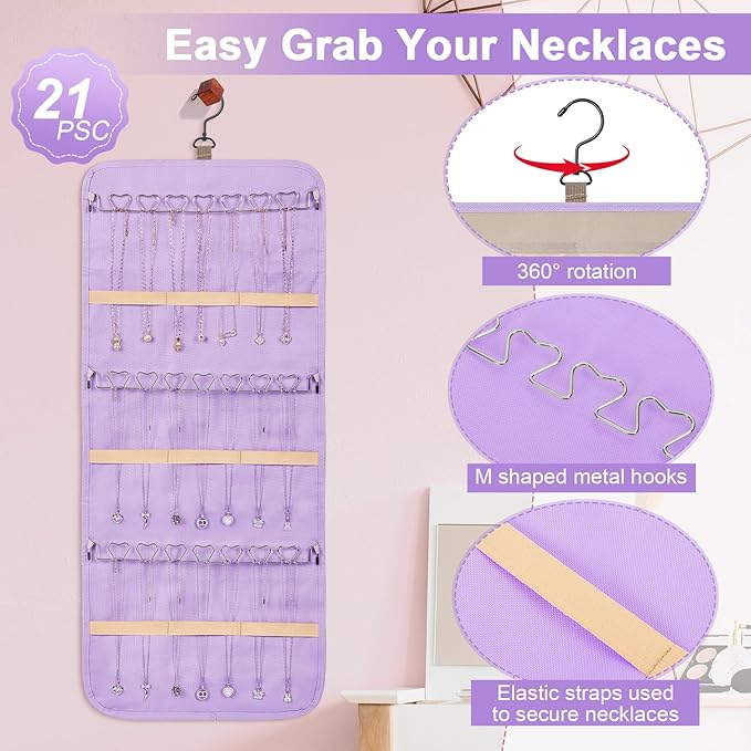 Dynoro Double-Sided Hanging Jewelry Organizer, Lavender Storage Roll for Earrings, Necklaces, Rings, 48 Pockets 21 Hooks, Durable Oxford Fabric for Closet, Wall, Door, 1 piece, Jewelry Not Included