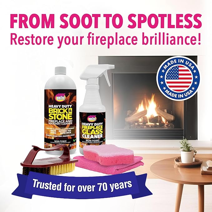 Quick 'n Brite Fireplace Cleaning Kit – Includes 16 oz Fireplace Glass Cleaner, 32 oz Gel Fireplace Cleaner, Scrub Brush, Sponge and Microfiber Towel