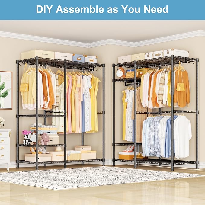 Ulif F7 Medium Garment Rack, Heavy Duty Clothes Rack, Clothing Racks for Hanging Clothes, 6-Tiers Freestanding Portable Closet Storage Rack 45'' W × 14.6'' D × 76.6'' H, Max Load 750 Lbs, Black