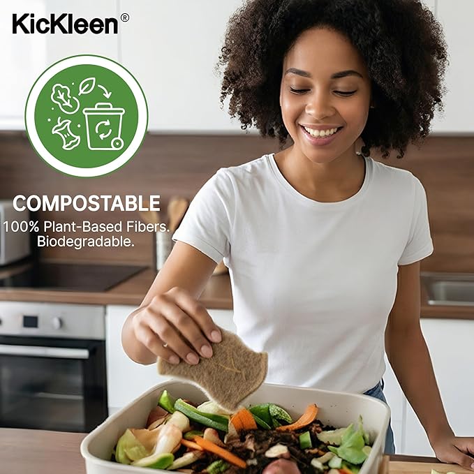 9 Pack Kickleen Biodegradable Natural Kitchen Sponges - Compostable Cellulose and Coconut Walnut Scrubber Sponge - Eco Friendly Sustainable Sponges for Dishes (9 Pack)
