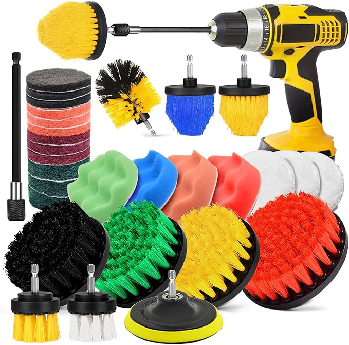 30Pcs Drill Brush Attachment Set,Drill Scrubber Brush Kit Include Scrub Pads, Sponge, Extend Attachment, Drill Cleaning Brush Attachment Set for Bathroom, Tub, Tile, Corner, Floor, Grout, Boat