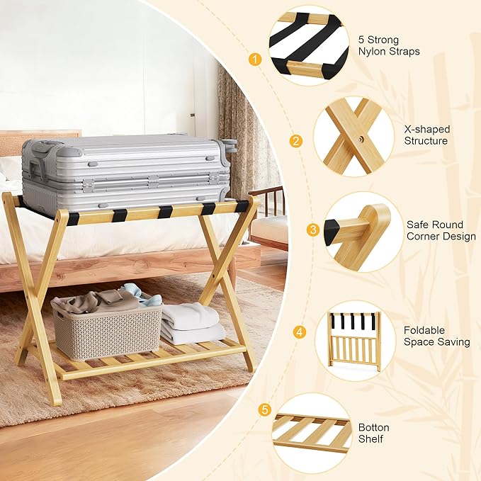 26.77"L Luggage Rack, Natural Luggage Rack for Guest Room, Bamboo Folding Suitcase Stand with Storage Shelf, 5 Nylon Straps, Heavy Duty Luggage Holder for Bedroom Hotel, 1 Pack, Gift Box Packaging