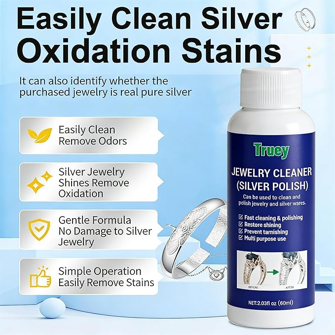 Truey Silver Cleaner, Jewelry Cleaner Silver Polish, for Pure Silver Pure Gold, Removes Tarnish & Restores Shine, Fast Dipping Solution for Sterling Silver & Gold, Gentle Anti-Tarnish liquid (60ml)