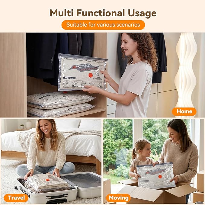Vacuum Storage Bags for Travel with Rechargeable Air Pump, 12 Pack Space Saver Bags for Clothing, Luggage & Suitcase Compression, Efficient & Portable Storage Solution for Travel Essentials
