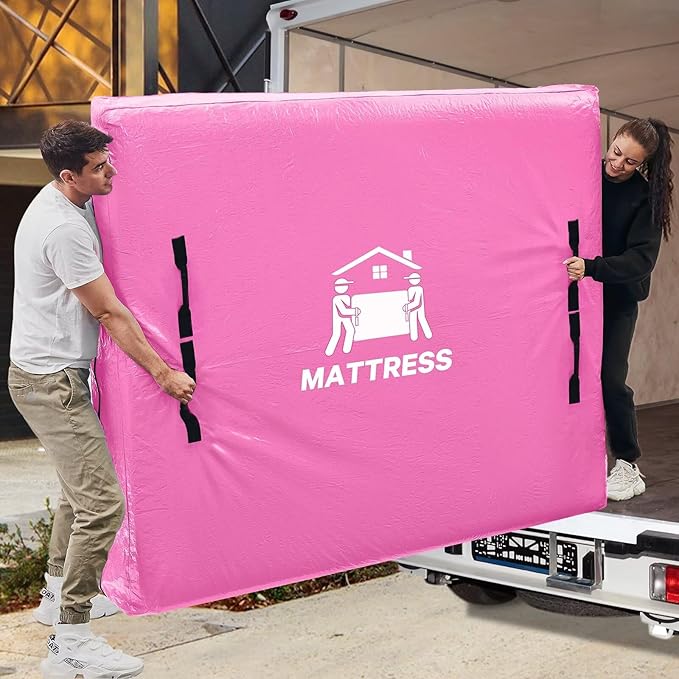 Mattress Bags for Moving, BETU Mattress Protector Waterproof Mattress Cover King Size Storage Bags with 8 Heavy-Duty Handles and Zipper for Bed Extra Thick Large Reusable (82"x79"x15" Pink)