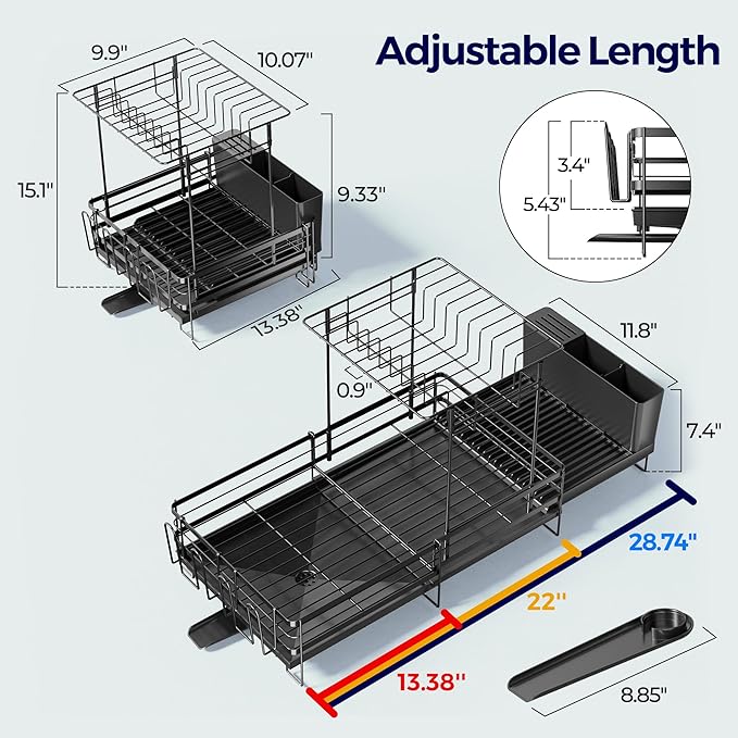 2 Tier Large Dish Drying Rack, Expandable Dish Rack for Kitchen Counter, Dish Drainer with Drainboard Set, Multifunctional Dishrack with Utensil Holder & Cup Holder, 13.4"-28.7" L x 11.8" W
